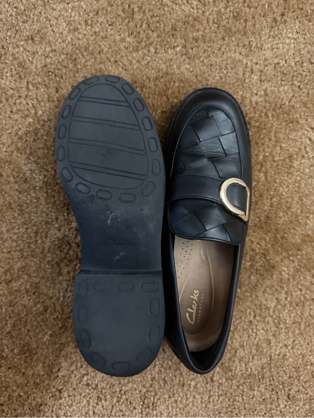 Clarks Black Woven Leather Loafers with Gold Buckle Accent - Picture 2 of 4